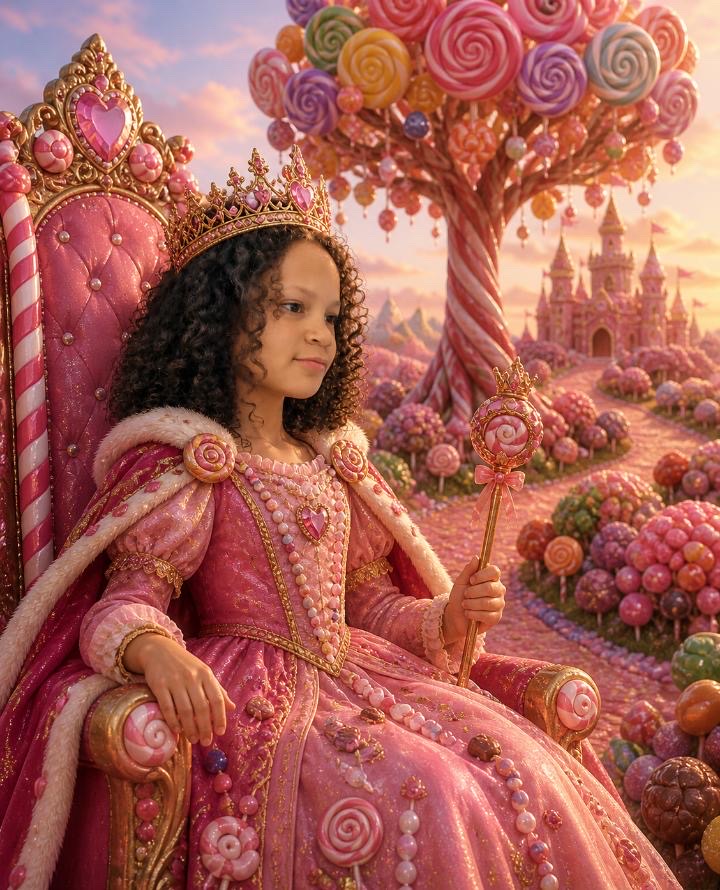 Leila as a candy princess on a throne in a magical candyland