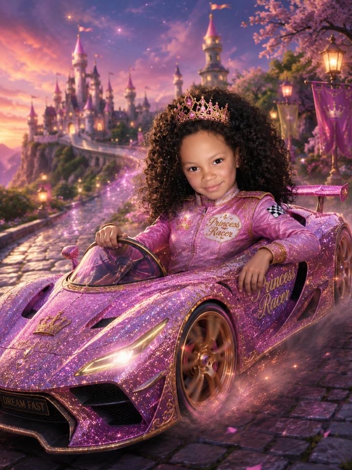Leila as a princess racer in a sparkling pink car